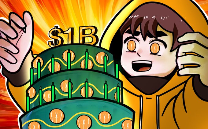 A cartoon character in a yellow hoodie excitedly gestures toward a large tiered green cake topped with '$1B', set against a radiant orange and yellow sunburst background.