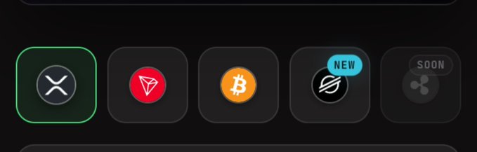 A row of cryptocurrency icons including XRP (highlighted), TRON, Bitcoin, and others, with one labeled "NEW" and another "SOON".
