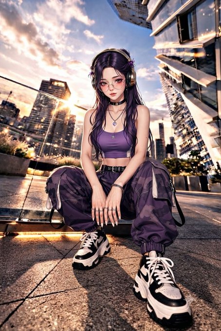 An anime-style digital illustration depicts a purple-haired girl wearing headphones, a purple crop top, and baggy camo pants, crouching on a city street at sunset.