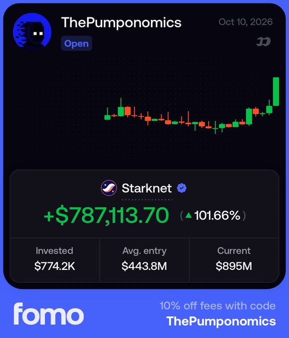A promotional image for "ThePumponomics" shows a Starknet (STRK) trade posted on Oct 10, 2026, with a +$787,113.70 gain (101.66%) on a $774.2K investment, alongside a candlestick chart and a "fomo" discount code offering 10% off fees. The image illustrates the poster's strong Starknet profit, which they reference as a successful week while joking that the token "is just getting started," though the gains aren't enough to offset losses on meme coin positions.