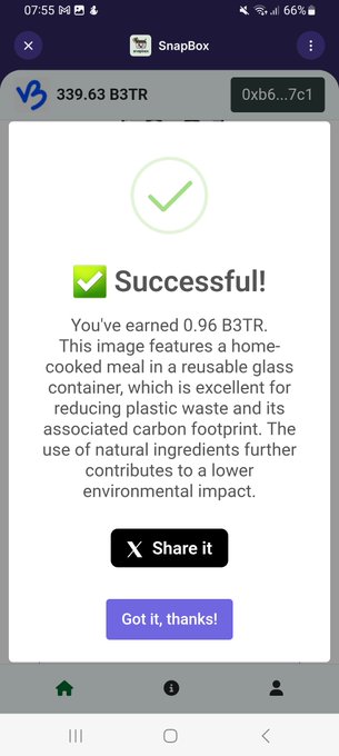 A SnapBox app screen shows a successful submission earning 0.96 B3TR tokens, recognizing an image of a home-cooked meal in a reusable glass container for reducing plastic waste.