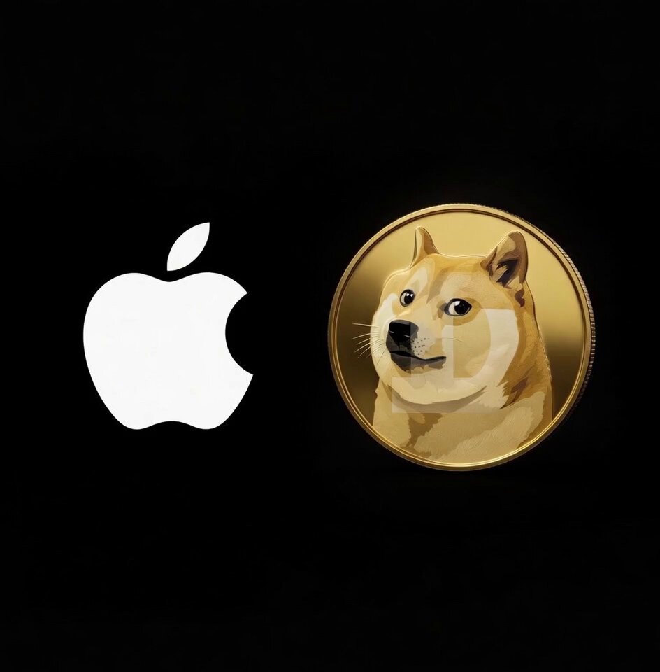The image features an Apple logo next to a gold coin featuring a dogecoin design. The text "Apple has officially approved its first iOS game with Dogecoin payment support, marking a new step toward mainstream crypto integration." This suggests that Apple is collaborating with cryptocurrency platforms like Dogecoin for the development of games and other applications that integrate with digital currencies.

The image also includes an illustration of a dog's head on one side and an apple logo on the other. The combination of these elements creates a visually appealing contrast between traditional technology (the Apple logo) and modern, emerging trends (the Dogecoin coin).