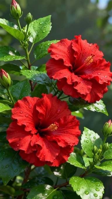 The image features two red hibiscus flowers with green leaves surrounding them. The background appears to be a blurred garden or outdoor setting, providing context for the scene. The caption of the image includes information about the photographer's lineup on social media platforms like @NomismaNetwork and @useTria.