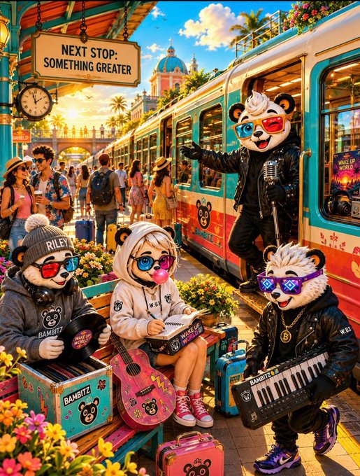 A vibrant illustrated scene of anthropomorphic pandas in streetwear and sunglasses at a train station, with a sign reading 'NEXT STOP: SOMETHING GREATER' as they play musical instruments and gather with luggage.