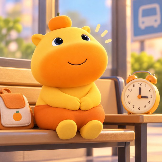 A 3D-rendered cartoon image of a smiling yellow and orange bear-like character sitting on a bench next to an orange lunchbox with a tangerine design and an orange alarm clock, at what appears to be a bus stop.