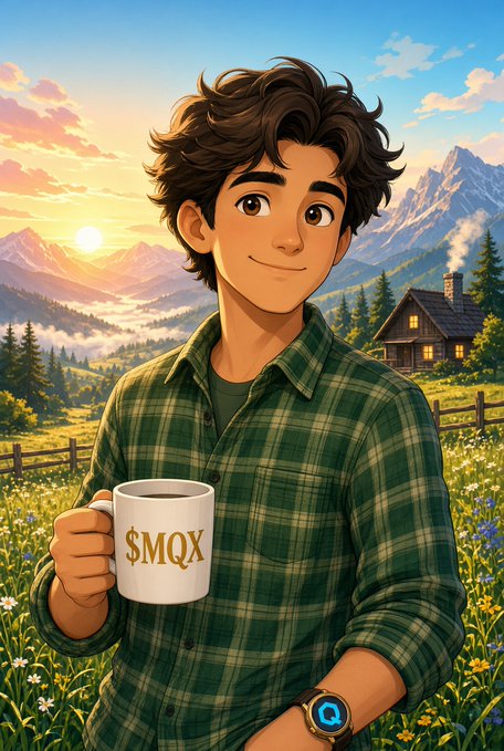 An anime-style illustration depicts a young man with curly brown hair holding a white mug labeled '$MQX' while standing in a grassy mountain landscape at sunset, wearing a blue smartwatch displaying a 'Q' logo.