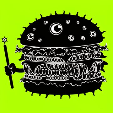 A surreal black illustration on a bright green background depicting a creature with a hamburger bun head covered in eyes, a toothy mouth, and a spiked body holding a wand.