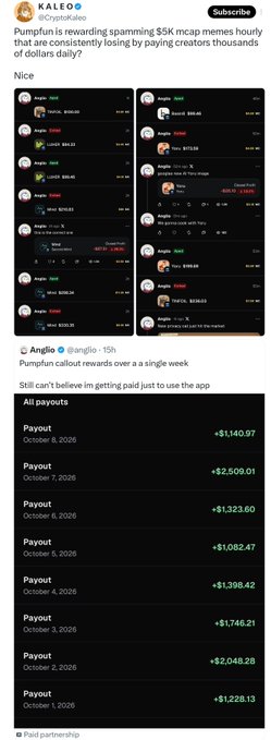 The image shows a screenshot of crypto trader Kaleo's post on X claiming Pump.fun is rewarding the top $5K meme creators hourly with consistent payouts totaling thousands of dollars, accompanied by proof of $10K+ weekly payouts to creator "Angelio" over several days in October 2026.