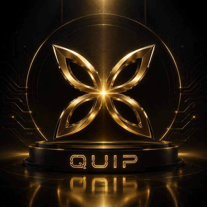 A sleek golden "QUIP" emblem with a four-pointed star design glows on a futuristic dark pedestal, symbolizing the brand's quantum computing innovation and its mission to translate advanced technology into real-world utility.
