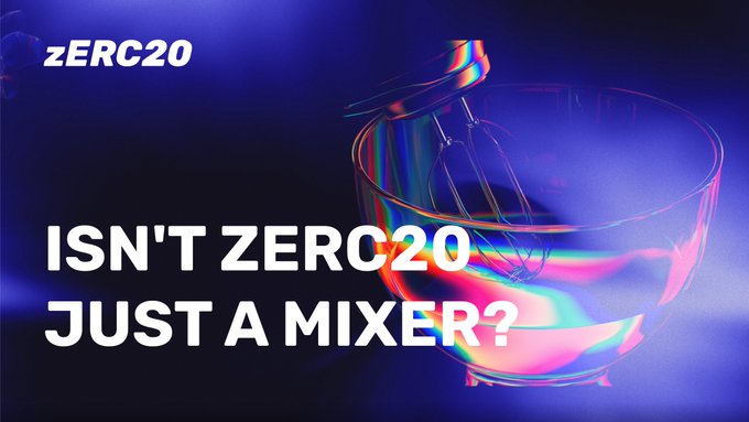A graphic with text reading 'zERC20' and 'ISN'T ZERC20 JUST A MIXER?' overlaid on a colorful, distorted bowl-like image.