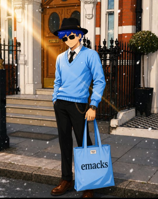An anime-style illustration of a cool-looking young man with blue hair, wearing a black hat, sunglasses, a light blue sweater over a shirt and tie, black pants, and brown shoes, holding a blue tote bag labeled 'emacks' while standing on a city street as snow falls.