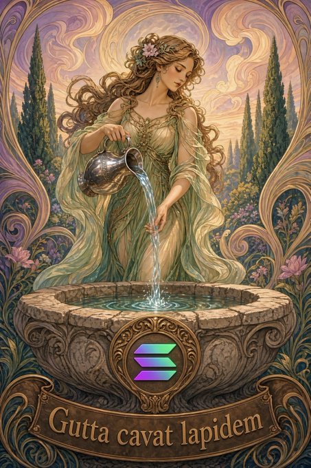 An ornate Art Nouveau-style illustration of a woman pouring water from a pitcher into a stone fountain, featuring a Solana logo and the Latin phrase 'Gutta cavat lapidem' (a water drop hollows out stone).