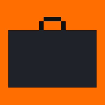 This pixel art image depicts a dark briefcase on an orange background, symbolizing "work" or "business" that you might "read" about.