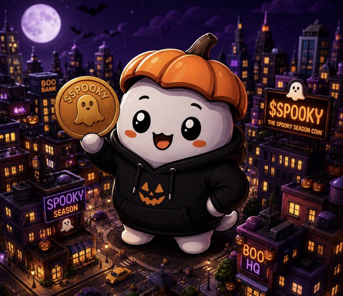 A cartoon ghost character wearing a pumpkin hat and a hoodie holds a coin, with signs reading '$SPOOKY THE SPOOKY SEASON COIN' and 'BOO HQ' in a nighttime city setting.