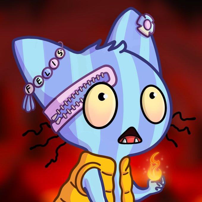 A cartoon illustration of a blue cat-like creature with a zipper over one eye, wearing "FEEL" letter beads, and holding a small flame against a red background.