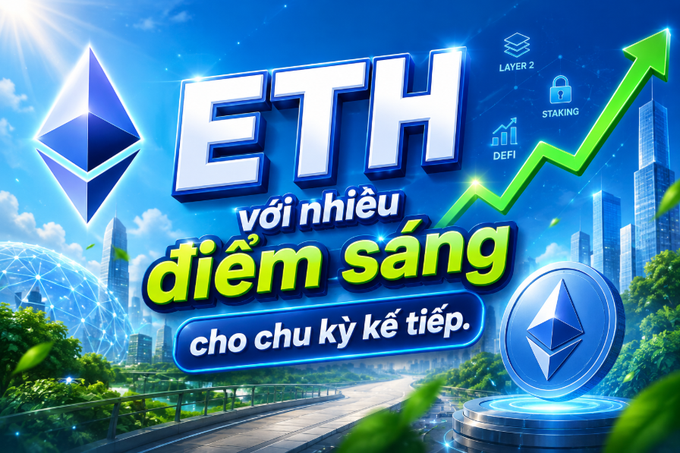 A promotional graphic for Ethereum (ETH) featuring the ETH logo, an upward green arrow, and icons for Layer 2, Staking, and DeFi, with Vietnamese text reading 'ETH với nhiều điểm sáng cho chu kỳ kế tiếp.'