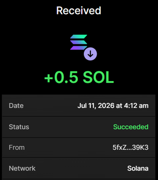 A screenshot of a Solana wallet transaction confirmation showing a successful receipt of +0.5 SOL from address 5fxZ....39K3 on Jul 11, 2026 at 4:12 am, serving as proof of payment for the 5 million $BHOODIES token purchase advertised in the post.