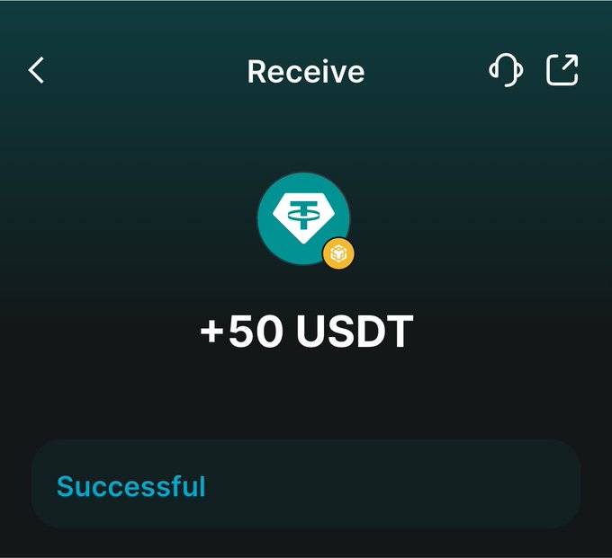 A mobile wallet screen showing a successful receive transaction of +50 USDT with a Tether token icon.