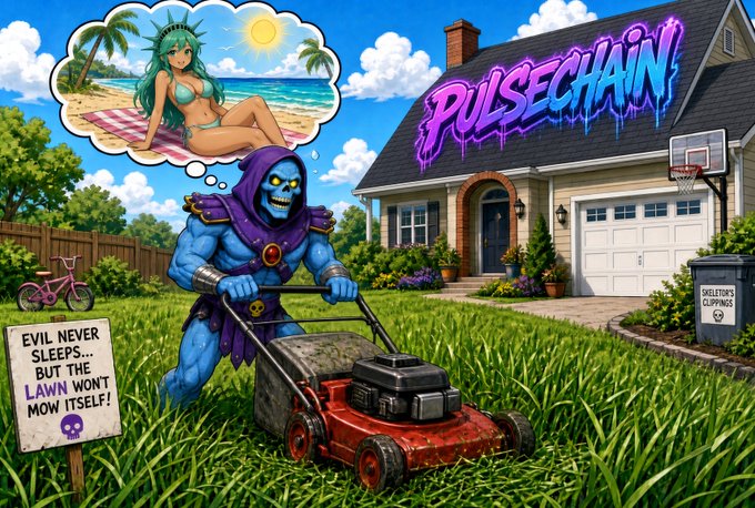 An illustration of a blue-skinned character resembling Skeletor mowing a lawn in front of a house labeled 'PULSECHAIN', daydreaming about an anime girl on a beach, with a sign reading 'EVIL NEVER SLEEPS... BUT THE LAWN WON'T MOW ITSELF!'