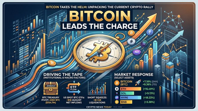 An infographic titled 'BITCOIN TAKES THE HELM: UNPACKING THE CURRENT CRYPTO RALLY' and 'BITCOIN LEADS THE CHARGE', featuring a central Bitcoin clock and sections on 'DRIVING THE TAPE' and 'MARKET RESPONSE' detailing price gains for assets like BTC, ETH, SOL, HYPE, and BNB.