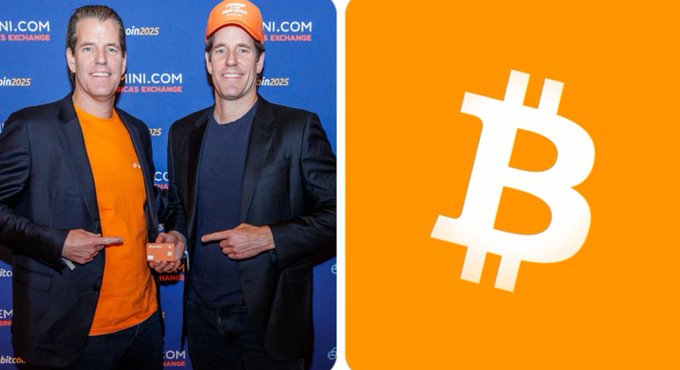 Two men in dark blazers pose at a Bitcoin 2025 conference in front of a "NI.COM" and "olas2025" backdrop, alongside the Bitcoin logo, illustrating Gemini's recent acquisition of 1,689 BTC that brought its total holdings to 5,528 BTC (~$324M).