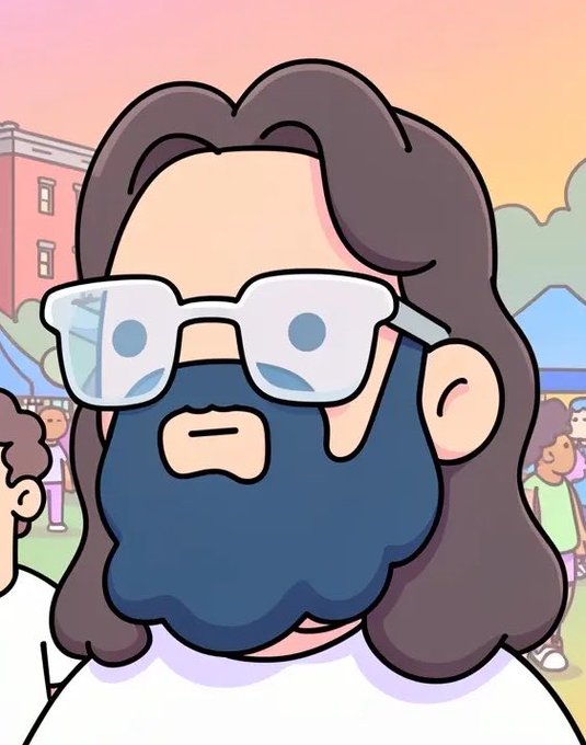 A cartoon/animated illustration of a bearded man with long dark hair, wearing sunglasses with a mask pulled down below his mouth, standing in what appears to be a festival setting with tents and crowds in the background.