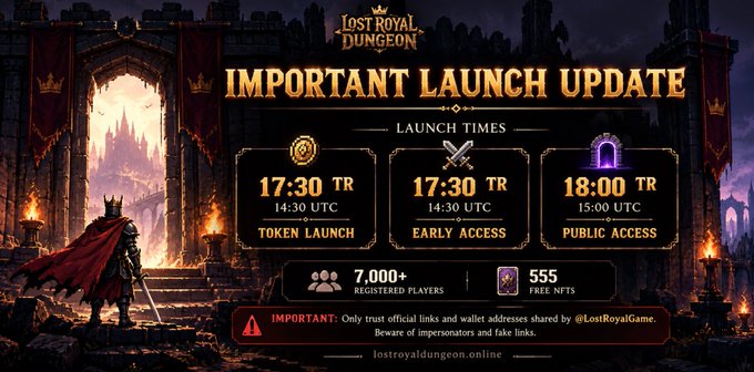A promotional graphic for 'Lost Royal Dungeon' announcing launch times: Token Launch at 17:30 TR (14:30 UTC), Early Access at 17:30 TR (14:30 UTC), and Public Access at 18:00 TR (15:00 UTC), noting over 7,000 registered players and 555 free NFTs.