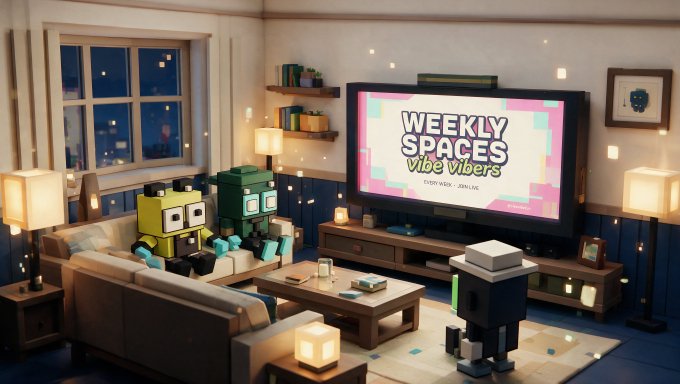 A pixel-art style 3D rendering of a cozy living room at night, where two blocky robot-like characters watch a TV displaying 'WEEKLY SPACES Vibe Vibers EVERY MON 4PM 8PM UTC'.