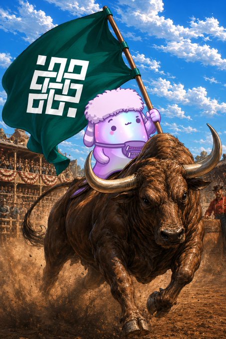 A purple cartoon character with fluffy hair riding a charging bull while holding a green flag bearing a geometric symbol, set in a bullfighting arena.