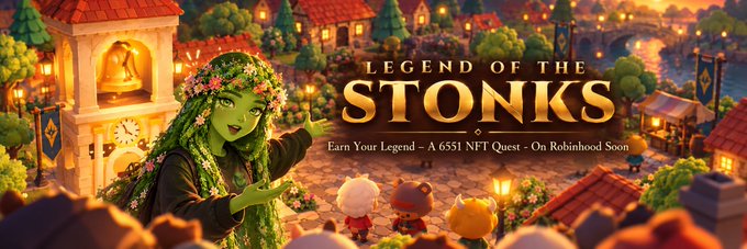 A promotional banner for "LEGEND OF THE STONKS" featuring a green-skinned character with floral hair, reading "Earn Your Legend – A 6551 NFT Quest – On Robinhood Soon."