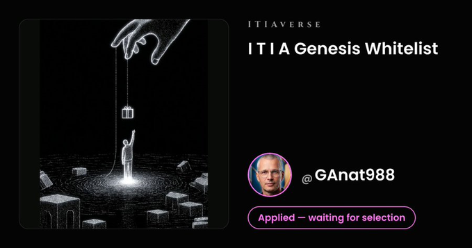 A dark ITIverse page displays “ITIA Genesis Whitelist,” a black-and-white artwork of a hand lowering a figure, and the profile “@GAnat988” marked “Applied — waiting for selection.”