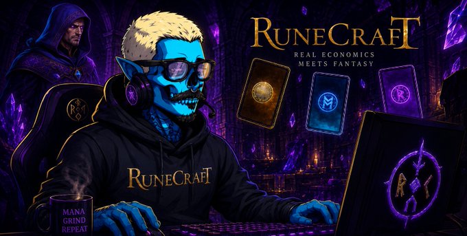 This image features the "RuneCraft" logo with the tagline "REAL ECONOMICS MEETS FANTASY," depicting a blue-skinned gamer, perhaps an avatar, engrossed in a game with fantasy elements and digital cards. The imagery aligns with the post's message about innovative Web3 game design beyond typical "play to earn" mechanics.