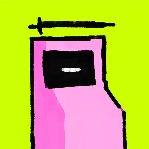 A pink cartoon-style slot machine with a single "1" symbol displayed on its black screen is set against a bright green background. The image humorously illustrates the post's theme of "pulling the lever" on crypto ordinals investments, particularly the $100 daily claim and aggressive AMZN bet being made.