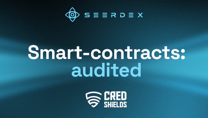 Promotional graphic for SeerDEX stating 'Smart-contracts: audited' with the CRED SHIELDS logo displayed.