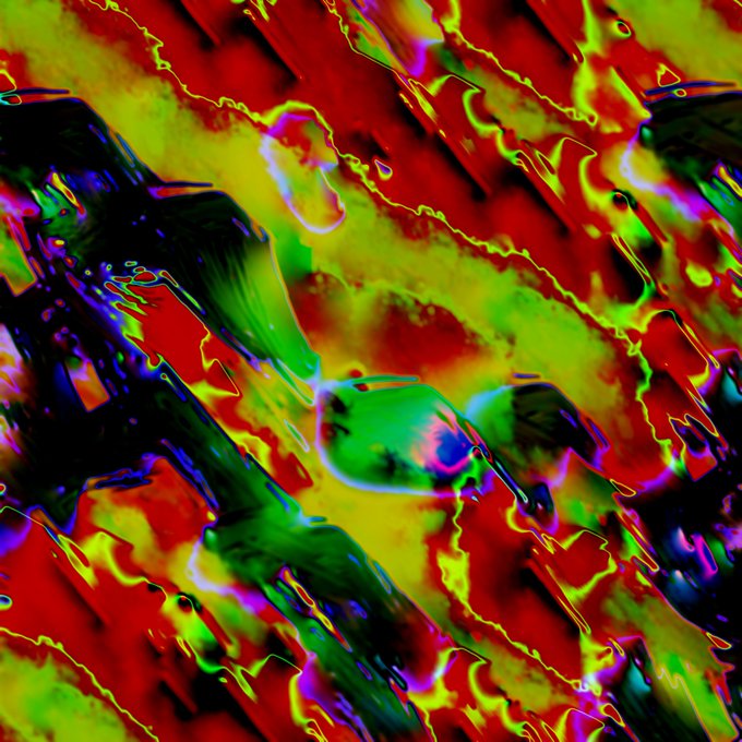 An abstract, glitch-style digital artwork with vibrant, saturated reds, greens, yellows, and purples creating a distorted, chaotic pattern.