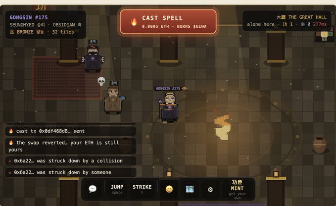 Screenshot of a pixel-art dungeon game showing character 'GONGJIN #175' with a 'CAST SPELL' button for 0.0005 ETH, and action buttons for JUMP, STRIKE, and MINT.