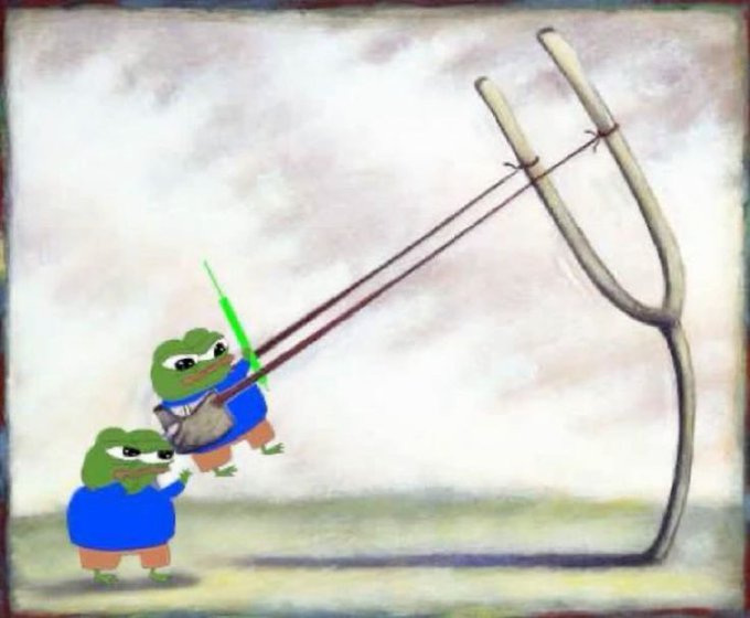 A digital illustration featuring two Pepe the Frog characters using a giant slingshot to launch a glowing green projectile into the sky.