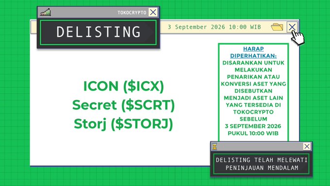 A Tokocrypto announcement graphic with a green background displays a "DELISTING" notification for tokens ICON ($ICX), Secret ($SCRT), and Storj ($STORJ), scheduled for 3 September 2026 at 10:00 WIB, along with a warning that the delisting has passed thorough review and advising users to discontinue trading or convert these assets to other available tokens on Tokocrypto before the deadline.