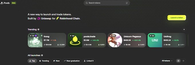 A screenshot of the 'Pods' crypto token launchpad website showing trending tokens including 'irong', 'pools.trade', 'Unicorn Pegasus', and 'Unireg' with their prices and 24-hour changes.