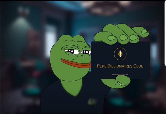 A green Pepe the Frog cartoon character holds up a black card reading "PEPE BILLIONAIRES CLUB" with a diamond logo, illustrating the post's claim that $25 in $PEPE could make holders "millionaires." The image is promotional material tied to the Pepe-themed crypto community, with a Telegram channel link (t.me/Pepe0nfire) referenced in the caption.