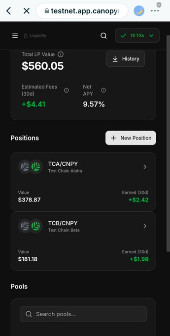 The image shows a phone screen displaying information about @CNPYNetwork Terminal, which seems to have some technical features for exchanging tokens or pooling funds. There are three main elements on the display: a summary of the app's functionality, a user profile showing their position and history with different pools of token creation, and details about how users can earn fees and participate in on-chain markets directly through the platform. The post also mentions that this terminal has an "Ultimate liquidity" feature for trading tokens or pooling funds.