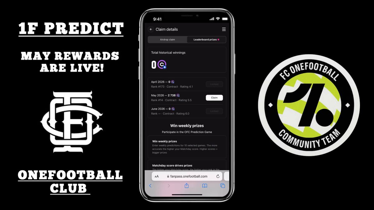 The image features an iPhone displaying a message about a football club's claim that they are live for the top 100 performers in May. The text on the phone reads "1F Predict may reward you! Claim your reward now!". The background of the image is black, and there is a green circle with white text that says "OneFootballball Club".