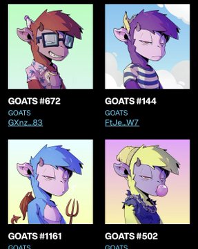 A four-panel image displays cartoon goat NFT avatars labeled GOATS #672 (GXnz_83), GOATS #144 (Ets_WZ), GOATS #1161, and GOATS #502.