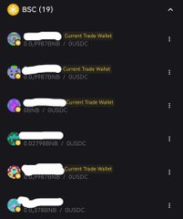 A screenshot of a BSC wallet (19) showing multiple recent transactions including USDT, USDC, and BNB transfers to/from "Current Trade Wallet" and addresses containing "Debot" and "GmGn," with most addresses and amounts redacted. The image illustrates the user's crypto wallet activity referenced in their post about topping up Debot and GmGn with BNB and trading $Stonks and $Ben.