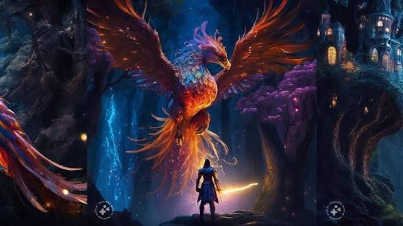 A fantasy digital artwork depicts a warrior holding a glowing sword facing a large, vibrant phoenix-like bird with red, orange, and purple feathers in a mystical forest setting.