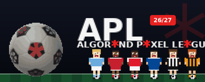 A pixel art logo for APL (Algorand Pixel League) featuring a soccer ball with a red asterisk symbol and pixelated player characters.