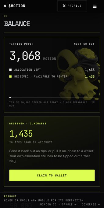 A mobile screenshot from the app $HOT1 displays a profile balance page showing a "TIPPING POWER" of "3,068 MOTION," received tips of "1,435," and a "CLAIM TO WALLET" button.