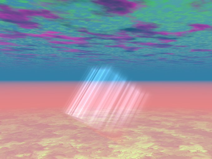A surreal, vaporwave-style image depicts a translucent cube floating over a pink-orange landscape beneath a swirling purple and teal sky with a split horizon.