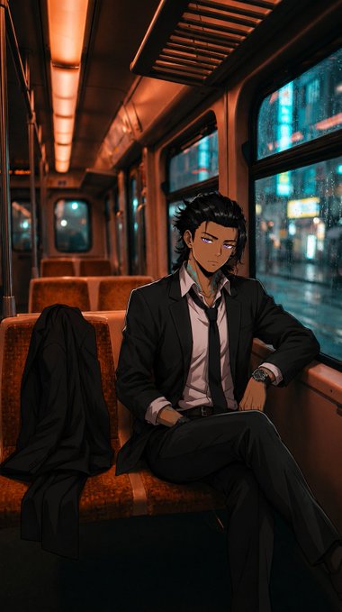 Anime illustration of a dark-haired man in a black suit and tie sitting on a train at night, gazing out the rain-streaked window at the city lights.