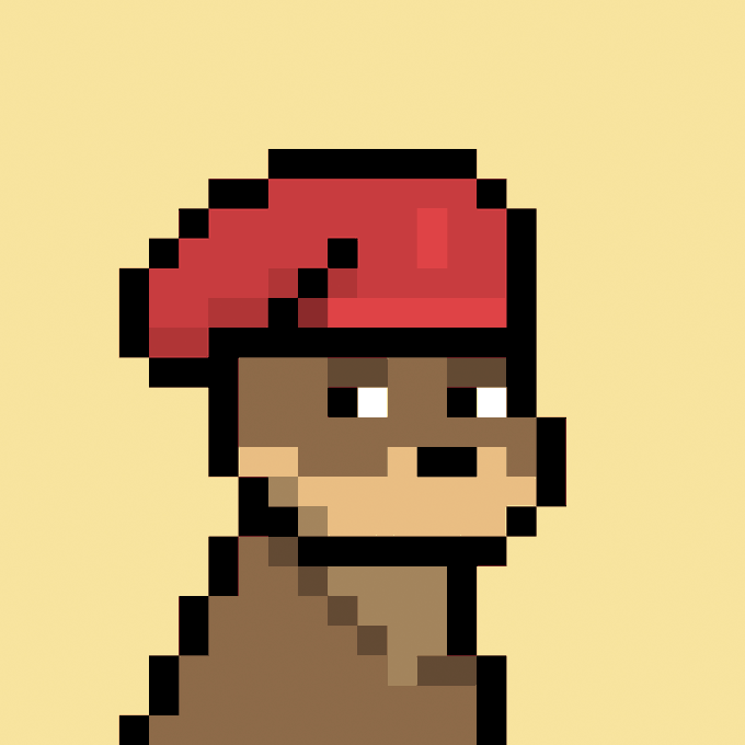 Pixel art portrait of a person with dark skin wearing a red cap and brown clothing against a beige background.